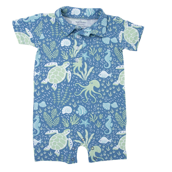 Sweet Bamboo Girls Boys Infants Polo Romper Bamboo Marine Life Ocean Sea Turtle Octopus Seaweed Coral Reef FIsh Seahorse The Plaid Giraffe Childrens Boutique