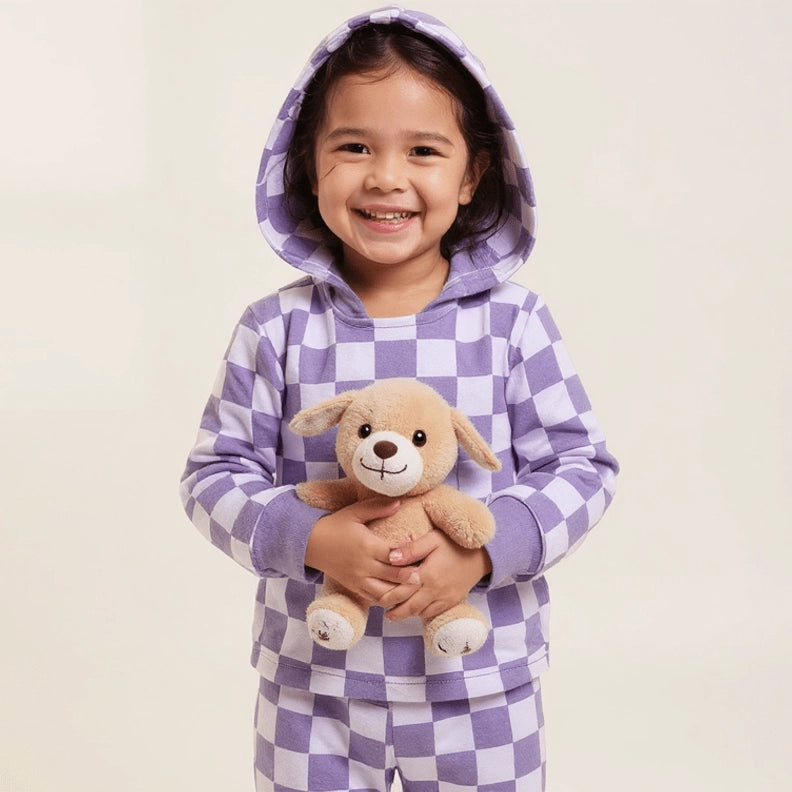 2 Piece Girls Purple Haze Check Hoodie Jogger Set