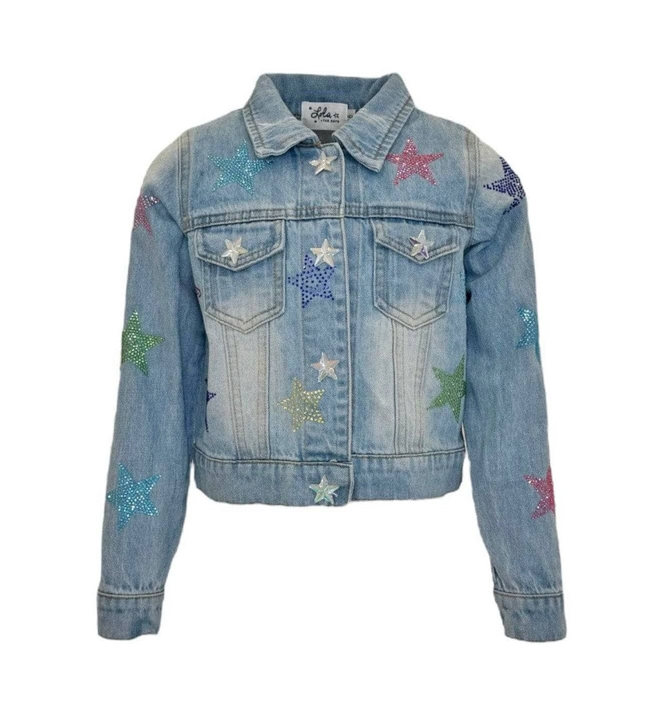 Lola and The Boys Girls Toddlers Kids Juniors Denim Jacket Stars Rhinestones Crystals 100% Cotton The Plaid Giraffe Children's Boutique