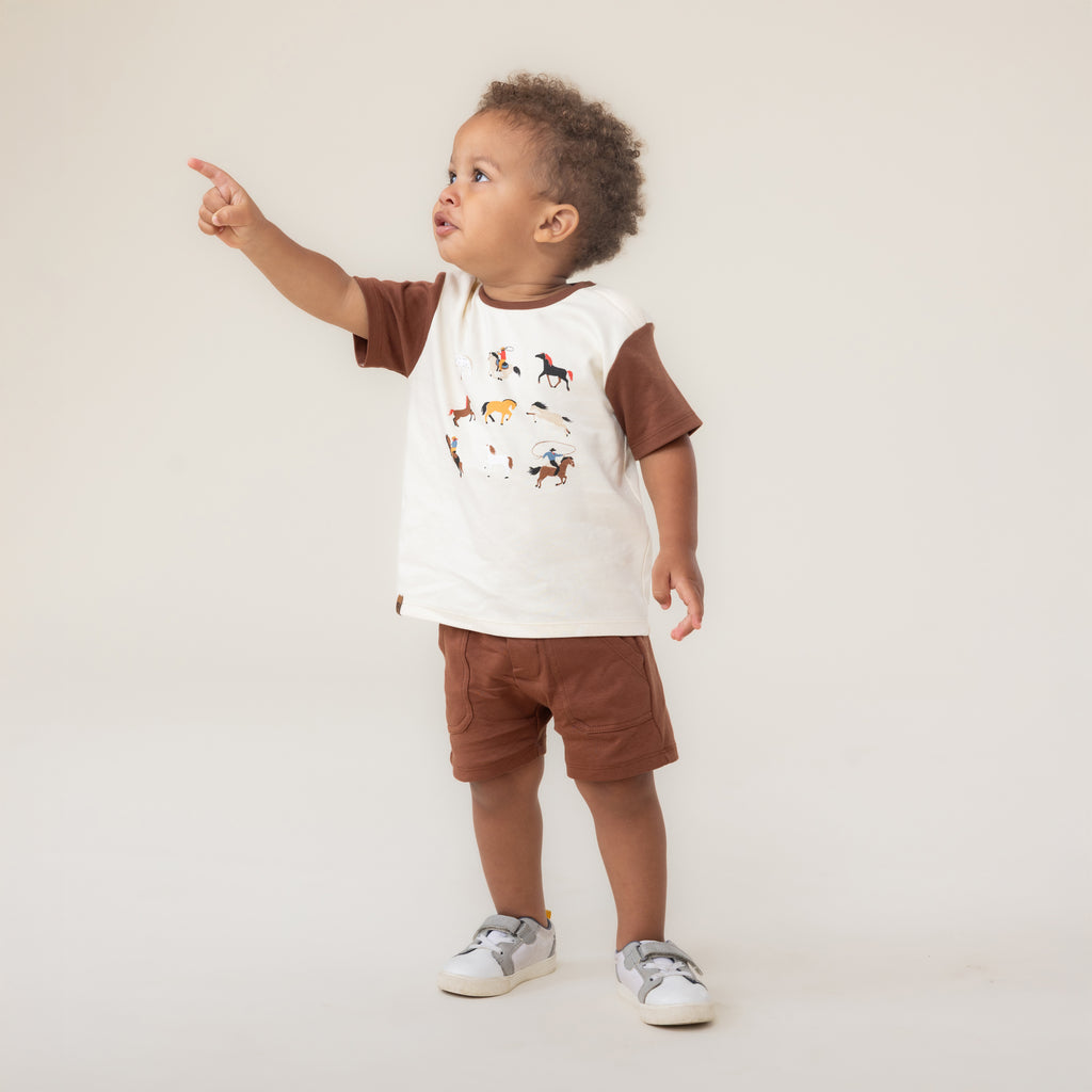 Nano Girls Boys Infants Toddlers Kids Juniors T-shirt Cargo Shorts Horses Cowboys Hats 100% Cotton The Plaid Giraffe Children's Boutique