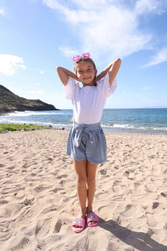 Lola and The Boys Girls Toddlers Kids Juniors Denim Shorts Wide Leg Crystals 100% Cotton The Plaid Giraffe Children's Boutique