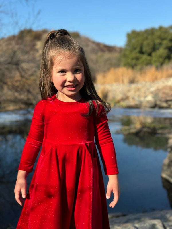 Girls Red Velvet L/S Dress