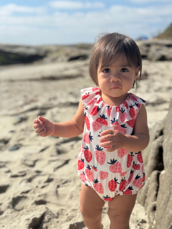 VIgnette Girls Infants Toddlers Bubble Sunsuit Strawberries Fruit Food The Plaid Giraffe Children's Boutique