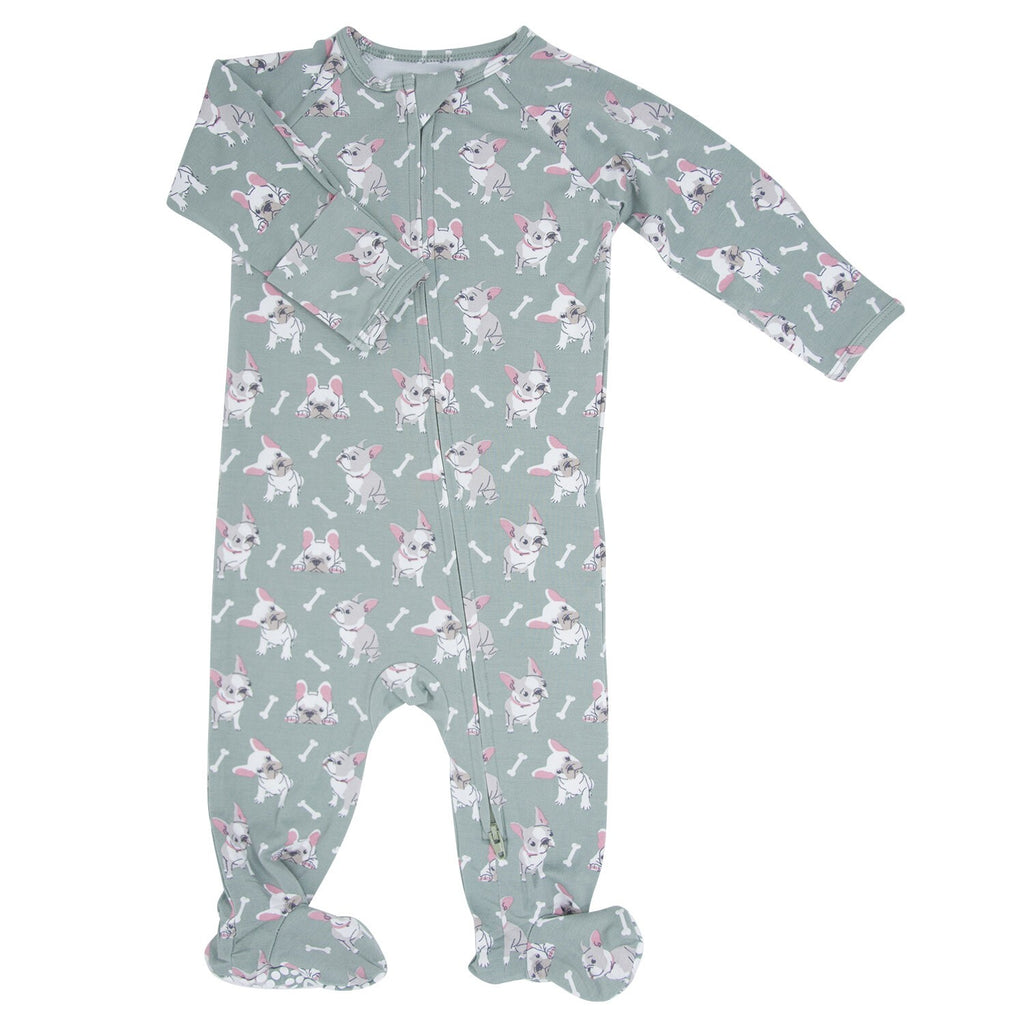 Sweet Bamboo Girls Boys Infants Toddlers Kids Ruff and Stuff Bamboo Footie Sleeper Sleepwear Nightwear Two-way Zipper Gripper Feet Dogs French Bulldogs Bones The Plaid Giraffe Children's Boutique