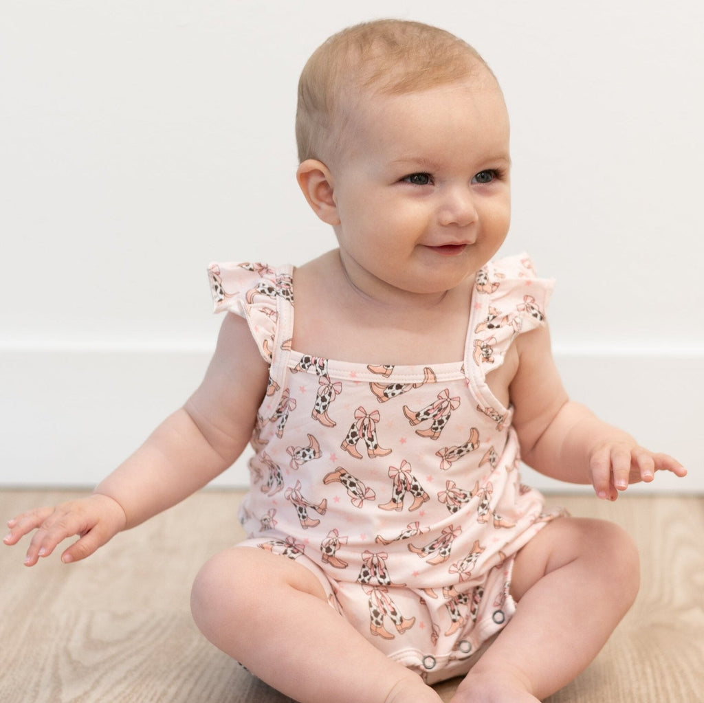 Cowhide Boots Bows Flutter Sleeve Romper 6-12 Months / Cowhide Boots / Girl Cowhide Boots Bows Flutter Sleeve Romper 6-12 Months / Cowhide Boots / Girl
