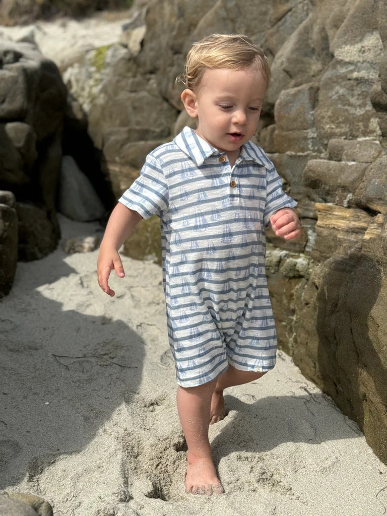 Me & Henry Boys Infants Toddlers Kids Juniors Polo Shirt Stripes Sailboats Sailing Romper The Plaid Giraffe Children's Boutique