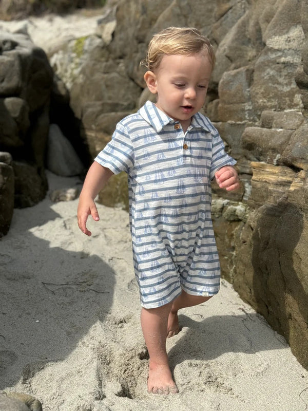 Me & Henry Boys Infants Toddlers Kids Juniors Polo Shirt Stripes Sailboats Sailing Romper The Plaid Giraffe Children's Boutique