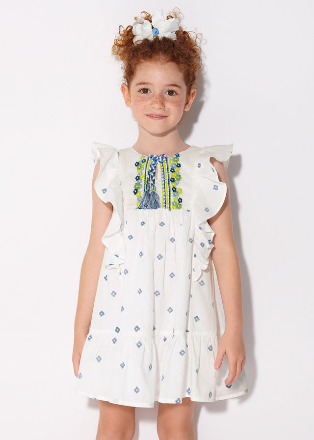Mayoral Girls Kids Juniors Sundress Embroidery Tassels Ruffles 100% Cotton The Plaid Giraffe Childrens Boutique