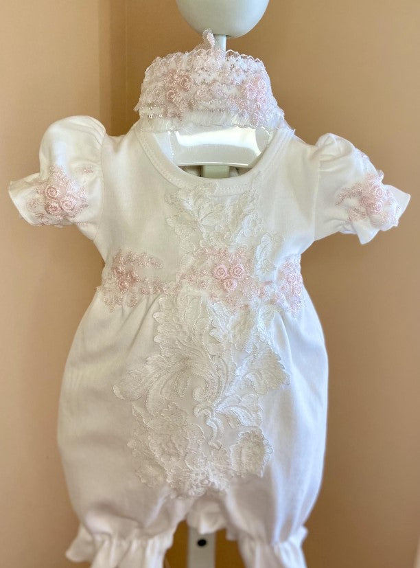 Macis Design Girls Infants Romper Christening Lace Overlay Lace Appliques Headband The Plaid Giraffe Childrens Boutique