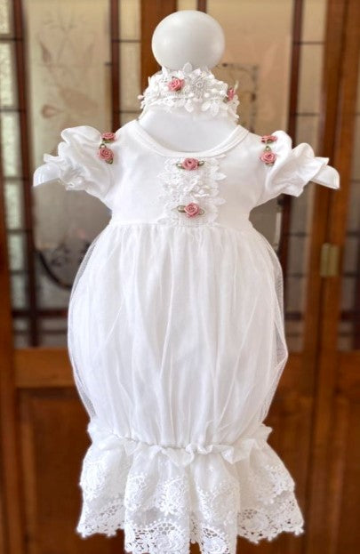 Macis Design Girls Infants Dress Rosebuds Christening Lace Overlay Lace Appliques Headband The Plaid Giraffe Childrens Boutique