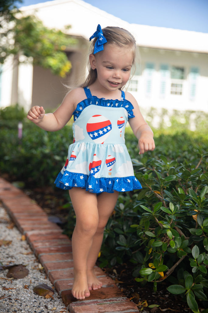 Be Girl Clothing Girls Infants Toddlers Romper Swimsuit Swimwear Stars Stripes Patriotic Fourth of July Memorial Day The Plaid Giraffe Childrens Boutique