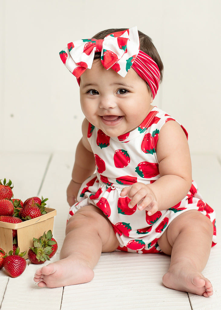 Mabel & Honey Girls Infants Romper Bubble Sunsuit Strawberries The Plaid Giraffe Childrens Boutique