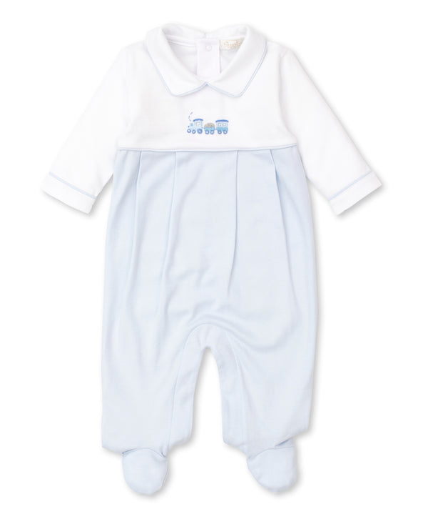 Kissy Kissy Footie Sleeper Hand Embroidery 100% Pima Cotton Light Blue Train