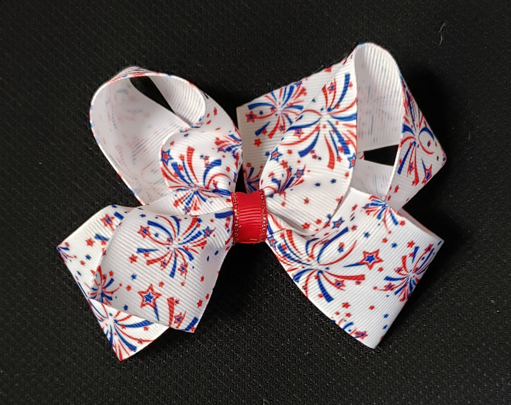 Wee Ones Girls Hair Accessories Medium Bows Patriotic Fourth of July Fireworks The Plaid Giraffe Childrens Boutique