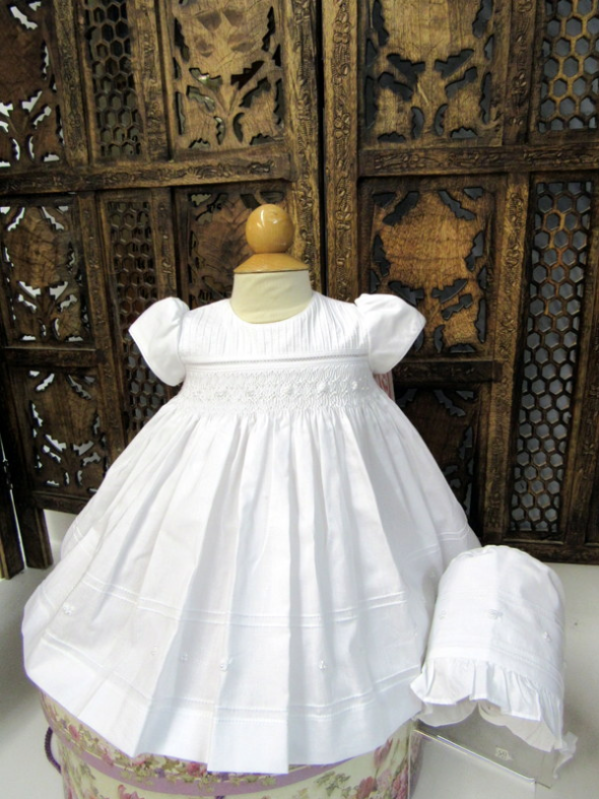 3 Piece Smocked Christening Set With Bonnet, White / 12MO / IGD