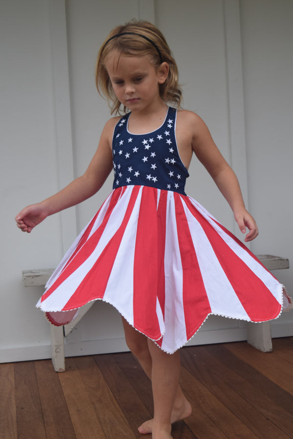 Cotton Kids Girls Toddlers Kids Juniors Dress Stars Stripes Red White Blue Fourth of July Memorial Day Holidays The Plaid Giraffe Childrens Boutique